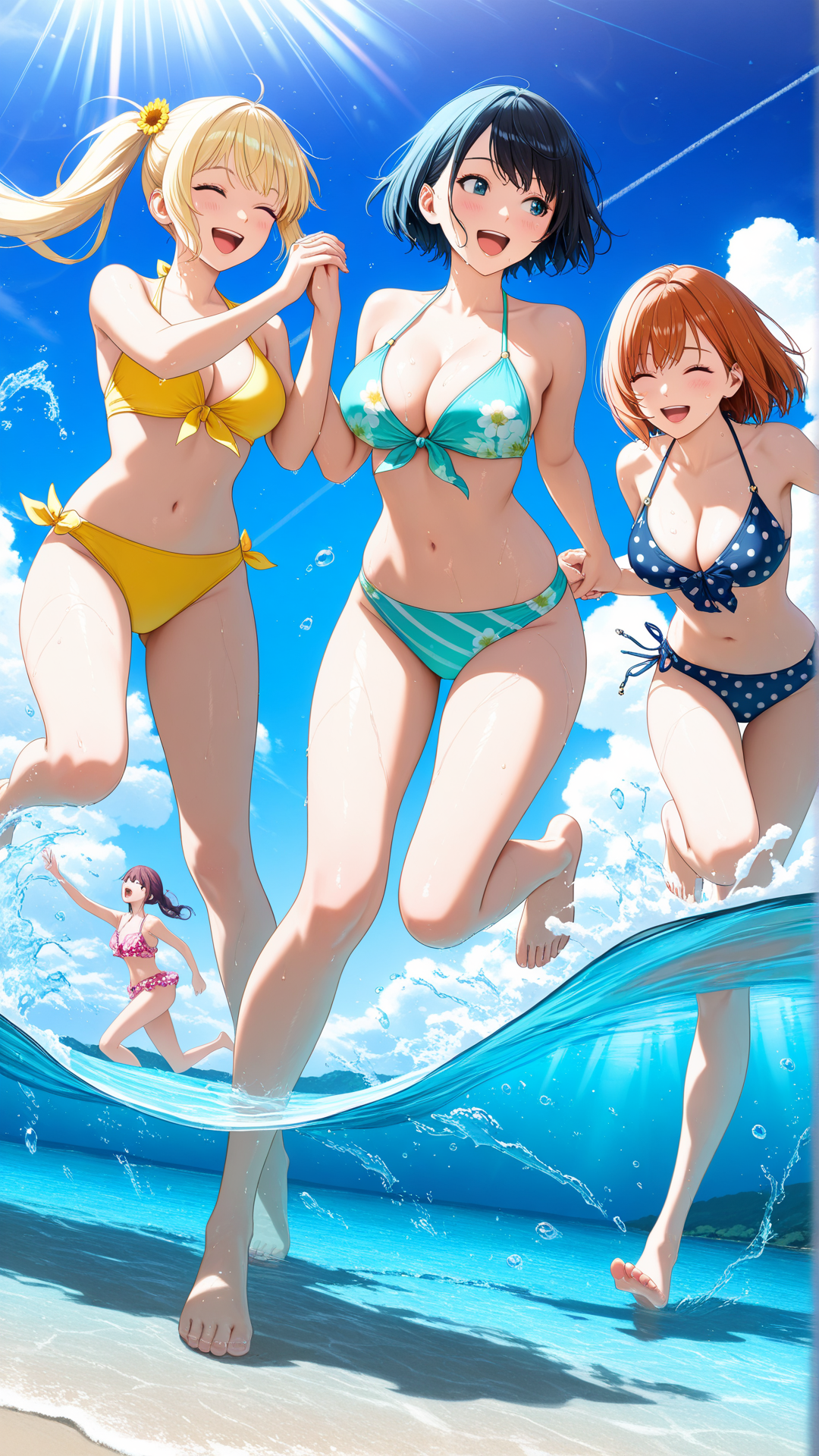 Background image of three anime characters at the beach